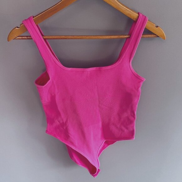 Hot Pink Ribbed Bodysuit Sleeveless Size Large - Picture 1 of 8